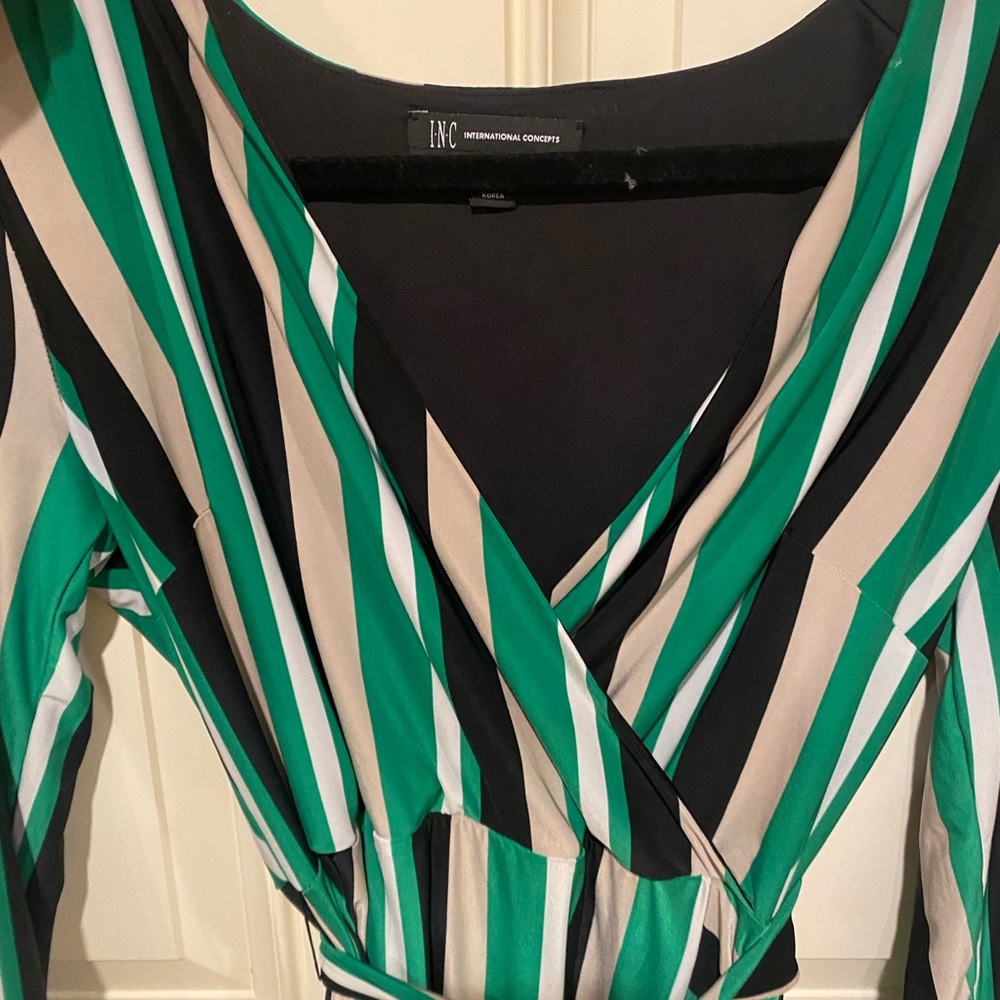 Wrap INC Midi Long Sleeve Green Striped Dress Size M